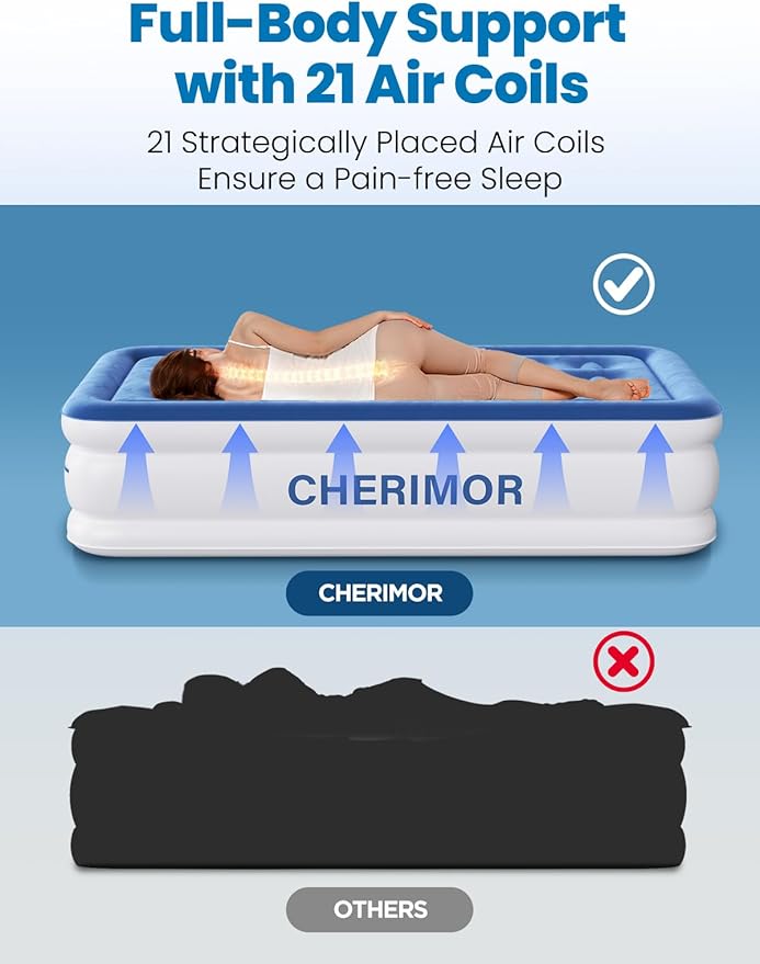 CHERIMOR Twin XL Air Mattress with Built-in Pump, 18" Raised Comfort, 80“ Length, 48Hr Leak-Proof Test, Upgraded Honeycomb Pillar Design, Supports 500 lbs, 2-Min Inflation for Home Guests-Blue