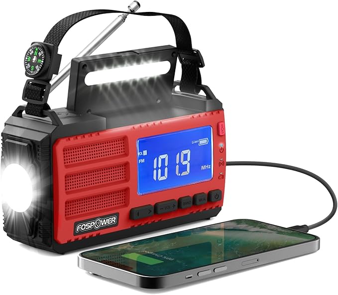 FosPower NOAA Emergency Weather Radio D8 37000mWh Portable Power Bank, AM/FM, USB/Solar/Hand Crank Charging, SOS Alarm & Flashlight for Indoor/Outdoor Emergency - Red