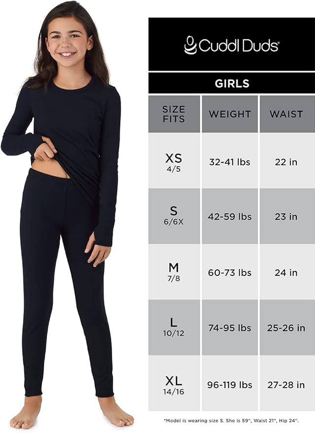 Cuddl Duds Girls Heavyweight Cold Weather Fleece Lined Thermal Set – Long Sleeve Shirt & Leggings – Long Johns for Kids