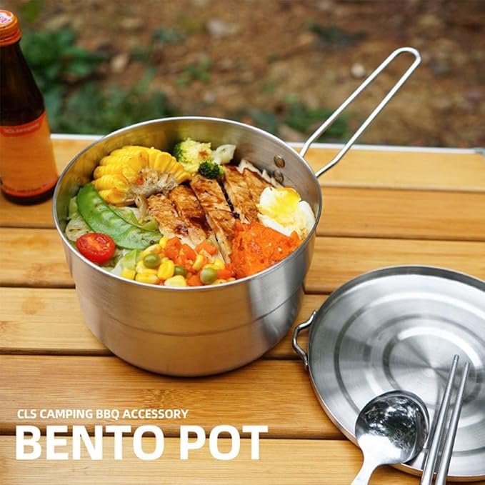 Stainless Steel Camping Cook Pot, 1.5L Camping Cookware with Lid and Folding Handle, Large Capacity Bento Pot for Outdoor Backpacking Campings Hiking Picnic