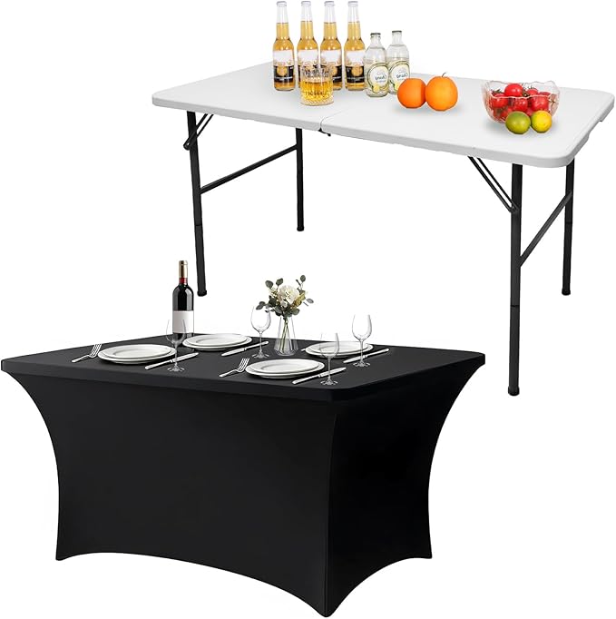 Camp Field Set 4 Foot Folding Table with Table Cloth, Spandex Stretch Table Covers, Fold-in-Half, Portable Heavy Duty Plastic Folding Table with Handle, Indoor Outdoor Use(White Set, 4FT)