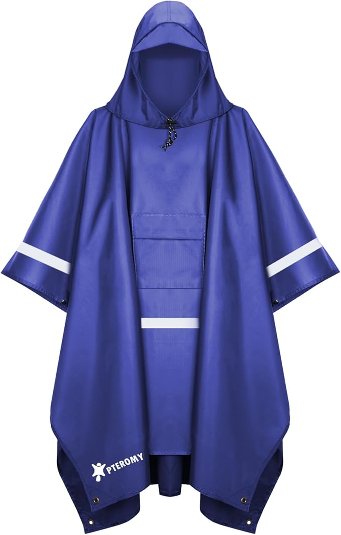 PTEROMY 3-in-1 Hooded Rain Poncho for Adult with Pocket, Waterproof Lightweight Unisex Raincoat for Hiking Camping Emergency