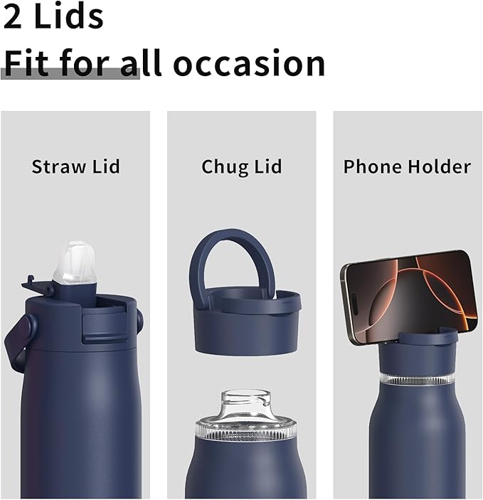 LISI 40oz Insulated Water Bottle, Double Wall Stainless Steel Water Bottles with Straw, 100% Leak-Proof Travel Thermal Canteen Mug with 2 Lids (Straw, Phone Holder Lid)
