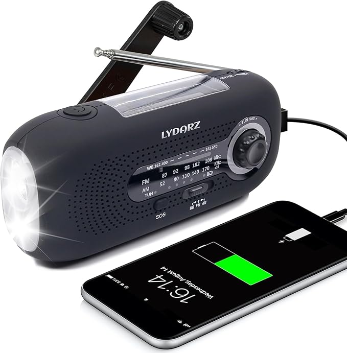 Emergency Crank Weather Radio, Solar Hand Crank Portable AM/FM/NOAA, 3 Mode Flashlight, SOS for Home and Outdoor (Black)
