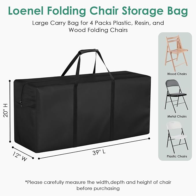 Folding Chair Storage Bag, Waterproof Large Carry Bag for 4 Packs Plastic, Resin, and Wood Folding Chairs - 39" L x 12" W x 20" H