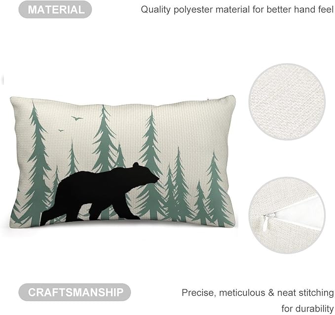 ITFRO Set of 2 Birthday Gift Wildlife Bear Throw Pillow Cover Pine Tree Forest Cotton Linen Lumbar Animal Cushion Case Farmhouse Home Decor for Bed Sofa Couch 12x20 Inches (Beige and Green)