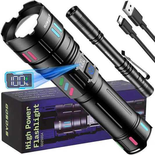 Rechargeable Flashlights High Lumens 100000 Long Distance, Single Click 3 Modes, Super Bright LED Flashlight USB C Long Lasting 15H, Powerful Strong Flash Light for Security Hiking Camping