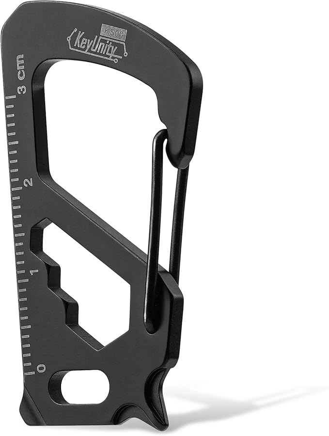 KeyUnity KS00S Carabiner Clip Multitool Stainless Steel 7 Tools in 1, Quick Release Clasp, Wrench, Cross Screwdriver, Slotted Screwdriver, Bottle Opener, Ruler, Key Holder (PVD Black,Small)