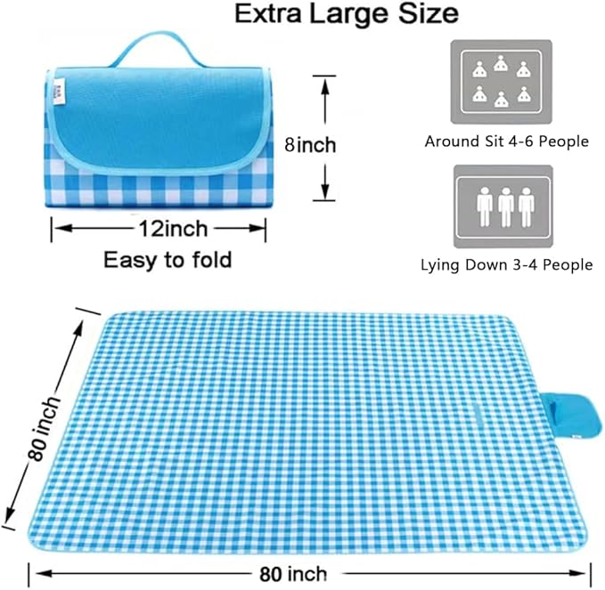 LRUUIDDE Extra Large Picnic Blanket Beach Blankets, Outdoor Foldable Waterproof Sand Mat for Beach Camping Hiking Travel Family Concerts Grass Park Music Festival Lawn Mats (Blue, 80x80inch)