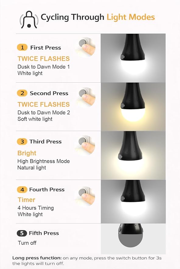 Dusk to Dawn Solar Light Bulbs Waterproof, Rechargeable Chicken Coop Light with Timer, 3 Color Temperatures, 4 Light Modes, Solar Emergency Lights for Indoor, Outdoor, Hurricane, Storm