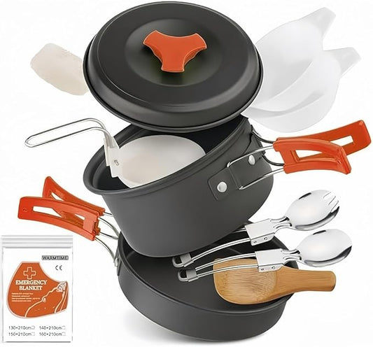 12 PCS Lightweight Camping Cookware Set – Non-Stick Pots, Pans & Utensils for Backpacking, Hiking & Outdoor Cooking – Compact Mess Kit for 1-2 People Give Away an Emergency Blanket as a Gift