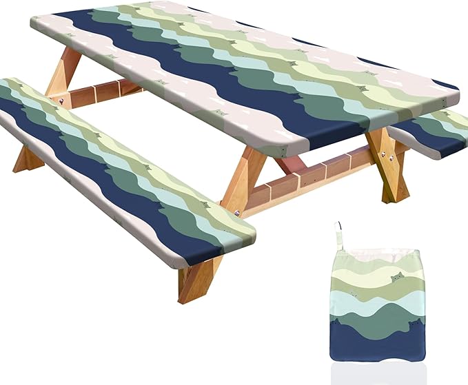Picnic Table Cover with Bench Covers Portable Table Cloth Built-in Storage Pocket Fitted Tablecloth with Elastic Edges Waterproof Camping Essentials for Indoor Outdoor Rv,72in,Green Cat