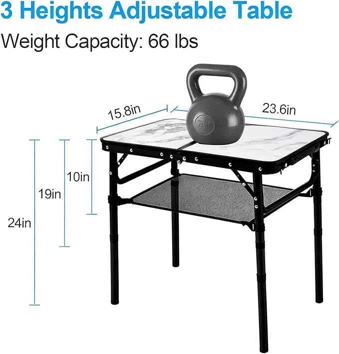YUFIFAIRY Small Folding Camping Table, 2ft Portable Table with 3 Adjustable Heights, Aluminum Lightweight Foldable Picnic Table with Mesh Layer and Extension Legs for RV, Camp and Indoor (Black Frame)