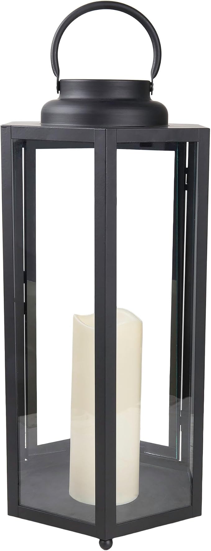 Alpine Corporation 18" Tall Outdoor Hexagonal Battery-Operated Metal Lantern with LED Lights, Black