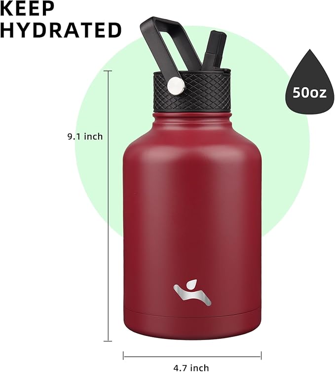 Konokyo Insulated Water Bottle with Straw,50 oz 3 Lids Water Jug with Carrying Bag,Paracord Handle,Double Wall Vacuum Stainless Steel Metal Flask,Dark Red