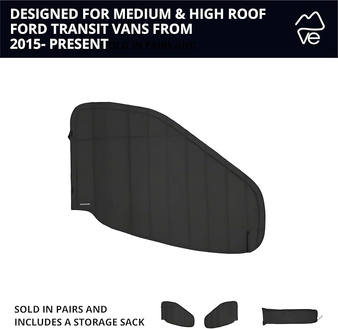 VanEssential Insulated Stealth Blackout Window Covers Designed for Ford Transit High/Medium Roof Front Door Windows (Pair) - Black