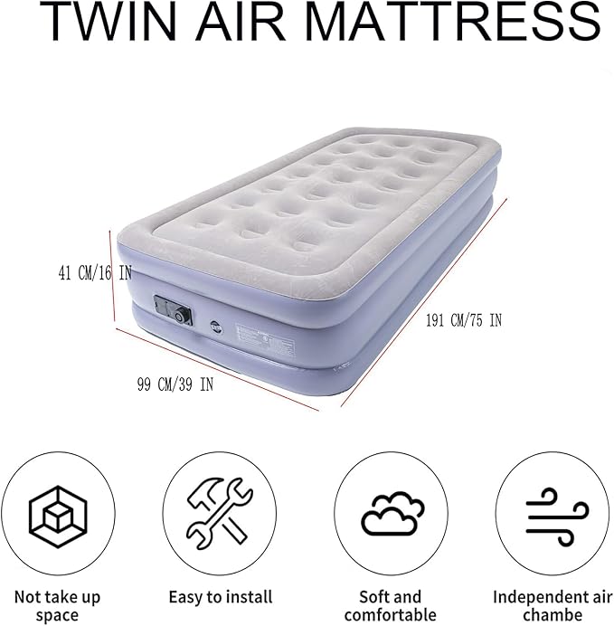 Onirii Twin Air Mattress Bed with Built in Pump,16 Inches High Airbed Inflatable Mattress,Comfort Thickened Blow Up Air Bed,Travel Sleeping Pad for Guests Home (Twin Size)