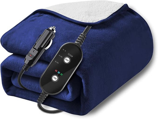 12V/24V Heated Car Blanket, Machine Washable Electric Blanket, Flannel Heating Throw for Car, SUV, RV Camping, 60" x 44", Hi/M/Lo Heating Settings, 30/45/60 Min Auto-Off Timer,Navy Blue