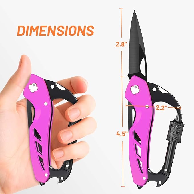 9 in 1 Multitool Carabiner Pocket Knife for Women, EDC Carabiner with Bottle Opener, Window Breaker and Screwdriver, Survival Gear for Camping Hiking,Stocking Stuffers Gifts for Women and Her(Pink)