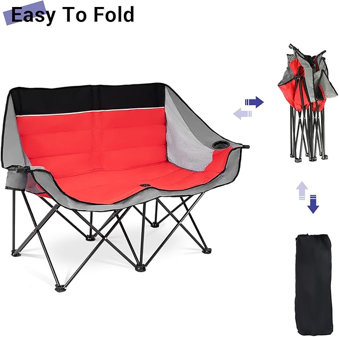 Byliable Double Camping Chair Outdoor 2-Seater Oversized 2 Person Portable Folding Lawn Chair with Cup Holders & Mesh Storage Pocket for Picnic, Camping, Beach, Sports, Hiking