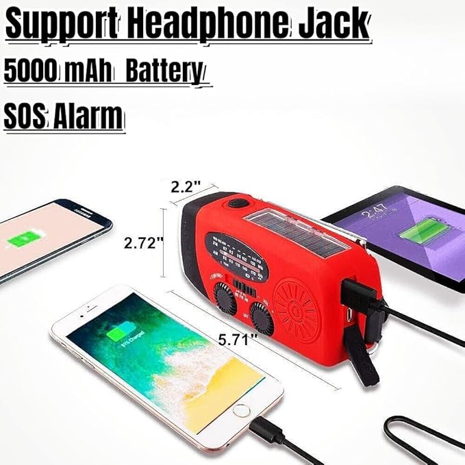 18500mWh/5000mAh Hand Crank Emergency Weather Radio, AM FM NOAA Solar Radio with Led Flashlight and Earphone Jack, Charger for Smartphone, Self Powered Radios with SOS Alarm
