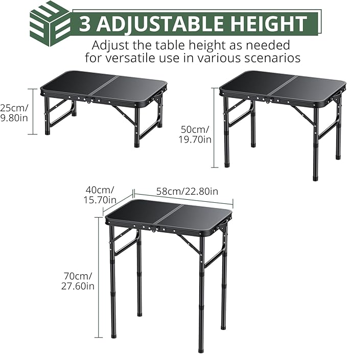 EYPINS Folding Camping Table Portable - Pure Black Aluminum 22.8x15.7'',3 Height Adjustable Small Outdoor Folding Table,Waterproof Lightweight Table with Carry Handle for Picnic,Cooking,BBQ,Beach