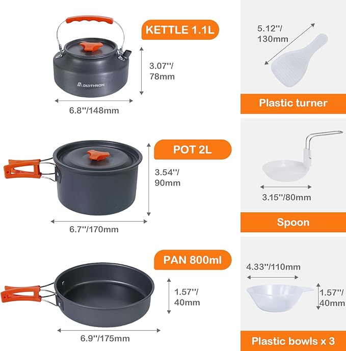 Camping Cookware Set Silicone Handle 10-Piece Lightweight Backpacking Pots and Pans Set, Compact Nesting Camping Cooking Set with Folding Handle for Hiking Family Camping & Outdoor Picnic