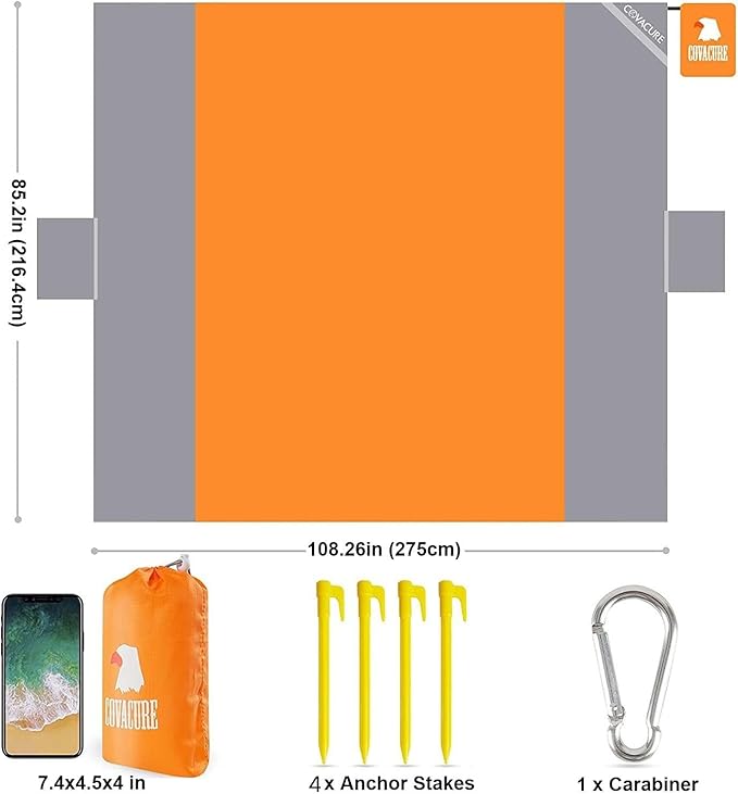 covacure Extra Large Beach Blanket Sandproof Waterproof - 108"x85" for 7-8 Adults, Oversized Beach Mat with Zipper Pockets, Lightweight Outdoor Accessories for Camping, Travel (Orange-M, 108"x85.2")