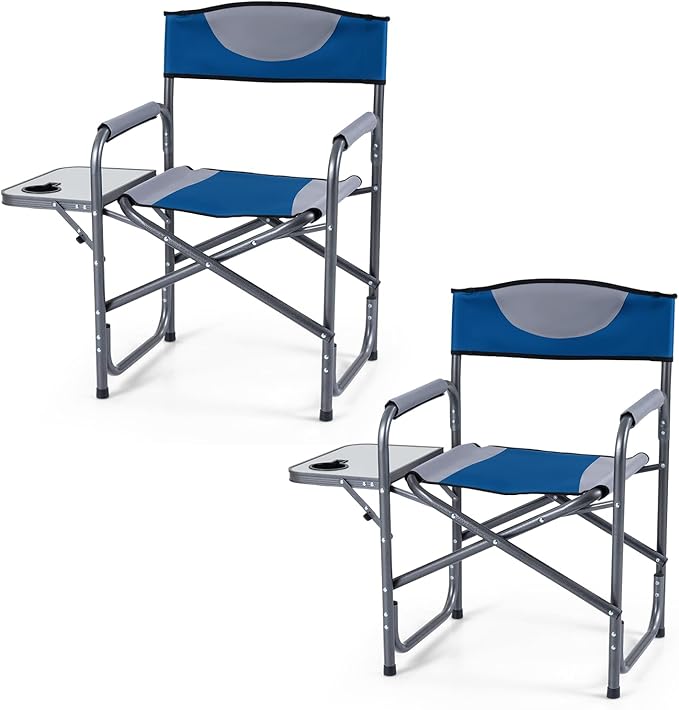 COSTWAY Folding Camping Chair, Lightweight Portable Directors Chair w/Side Table & Cup Holder, Padded Outdoor Heavy Duty Lawn Chair for Fishing, Picnic, Sports, Beach, Max Load 400 lbs (Blue,2)