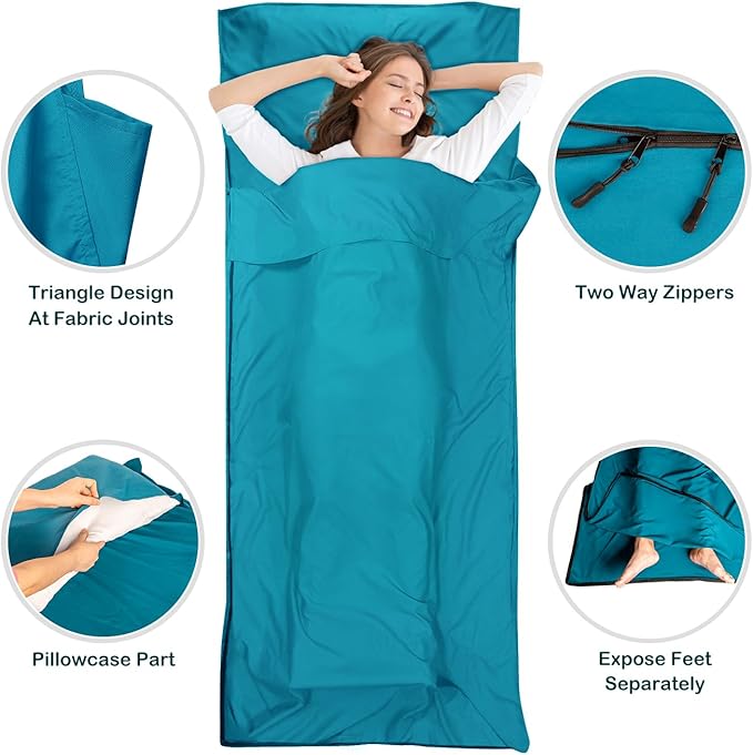 Sleeping Bag Liner, Ultralight Silky Satin Adult Sleep Sack & Self Tan Sleep Sack with Two-Way-Zipper, Single Camping Sheet & Travel Sheets for Hotel