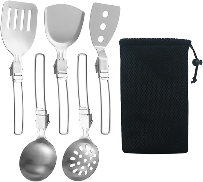 Esquirla 6Pcs Camp Cooking Utensil Set,Outdoor Kitchen Gear, Foldable Cooking Organizer Metal Camping Kitchen Utensil Set, Cookware Kit for Camp RV, BBQ