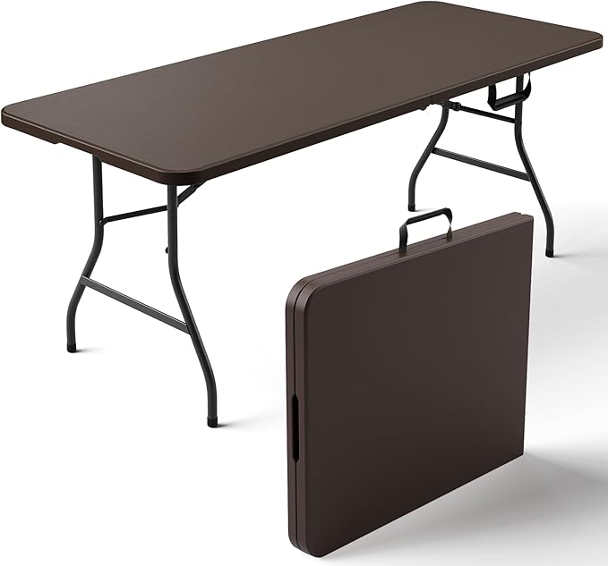 Folding Table 6ft - Heavy Duty Plastic Table with Handle, Foldable & Portable, Fold-in-Half Utility Tables for Outdoor, Dining, Wedding, Events, Indoor, Picnic, Camping, Party(Brown)
