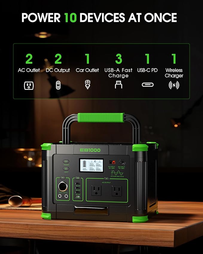Portable Power Station 1000W (Peak 2000W), 999Wh Solar Generator with 110V Pure Sine Wave AC Outlet, 60W USB-C PD, 10 Ports for Camping RV Van Home Backup Emergency Off-Grid Living