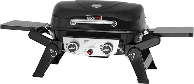 Royal Gourmet GT2005 2 Burner Portable Propane Gas Grill with Foldable Side Tables & Foldable Support Legs, Tabletop Gas Grill with Warming Rack for Outdoor Cooking & Grilling, Black