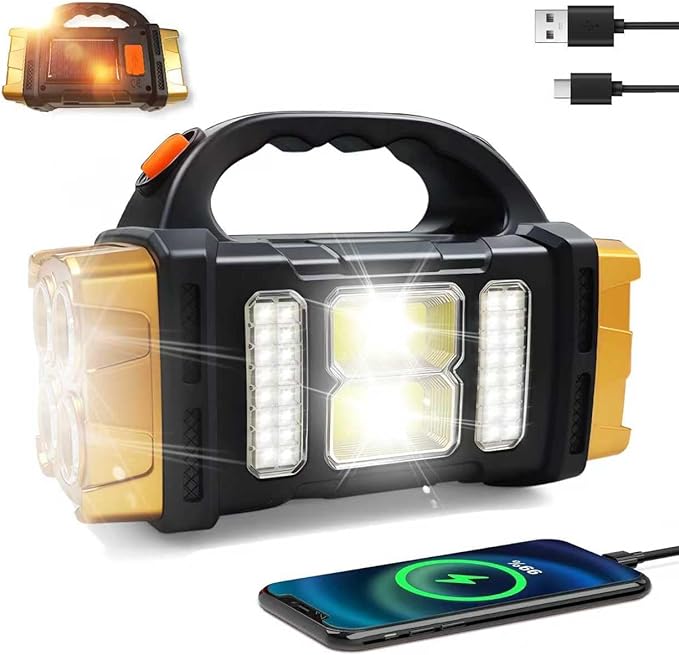 Versatile Solar Flashlight with Dual Charging Modes | 4 Light Modes USB/Solar Powered| Portable Emergency Charger & Outdoor Camping Light (Gold)