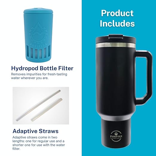 HydraTumbler | 40 oz Filtered Stainless Steel Tumbler | Includes 3-Month Water Filter | BPA-Free, Removes Lead, Chlorine, Arsenic, VOCs (Black, 40 OZ)