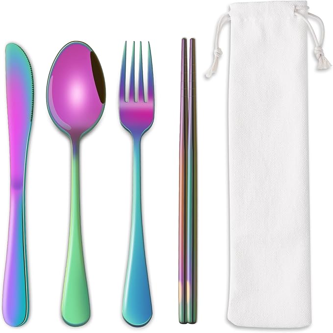Rainbow Working Lunch Silveware Set,Reusable Travel Utensils Set With Case Includes Stainless Steel Chopsticks Knife Spoon And Fork,Camping Picnic Essentials