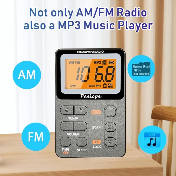 Portable Radio AM FM, Rechargeable Pocket Speaker with Best Reception Digital Tuning, MP3, Stereo Earphone, Large LCD Screen, TF Card Socket, Transistor Radio for Jogging/Gym/Camping (Grey)