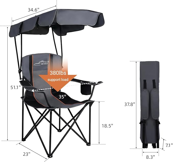 FAIR WIND 2 Pack Portable Canopy Camping Chair 380 LBS Capacity Heavy Duty Oversized Folding Lawn Chair with Sunshade for Beach, Fishing, Sports & Outdoors