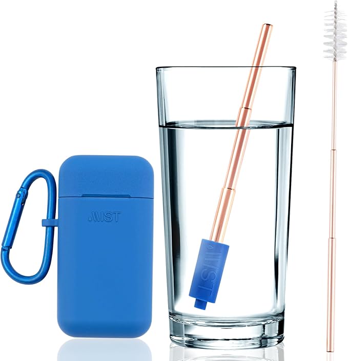 Mist Reusable Straw, Collapsible Reusable Metal Water Filtering Straw Removes Chlorine & Odor, BPA-Free, Portable, Stainless Steel, Filter Straw With Carry Case, Brush, Travel-Friendly, Navy