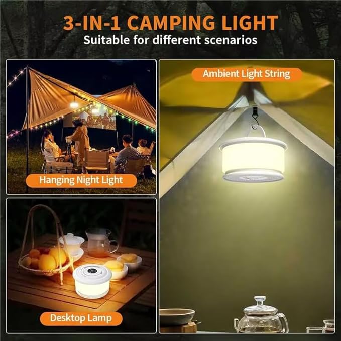 TOHETO Camping String Lights, 3 in 1 Upgraded Retractable RGB Outdoor String Lights with 19 Lighting Modes, Quick 30s Recovery, 32.8 FT Portable Tent Lights, Rechargeable Camping Lantern (White)