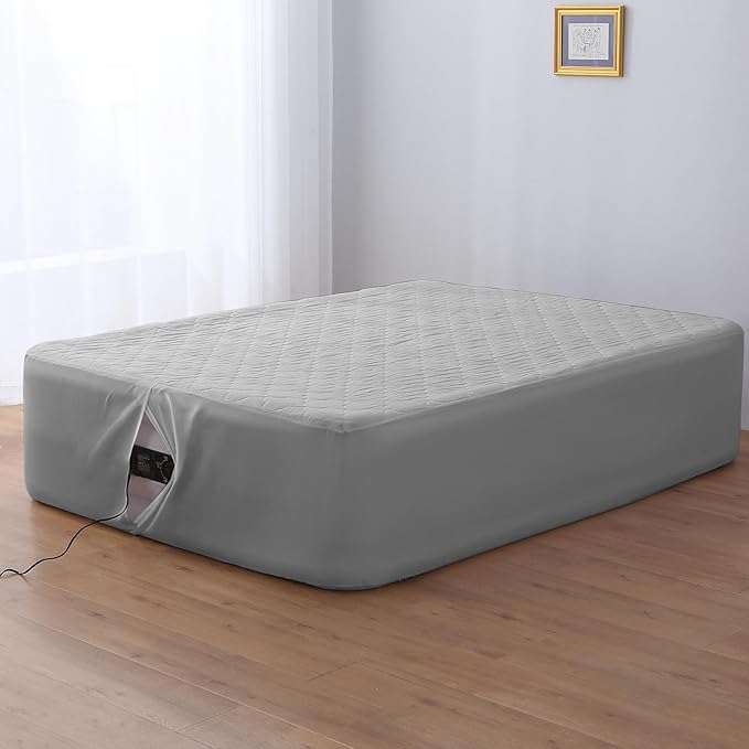 Twin Air Bed Mattress Pad with 15-24 Inch Deep Pockets - Waterproof Protector for Warm Sleep & Cold Air Insulation,Perfect for Camping, Guest Bed, Pets & Overnight Visitors-Gray