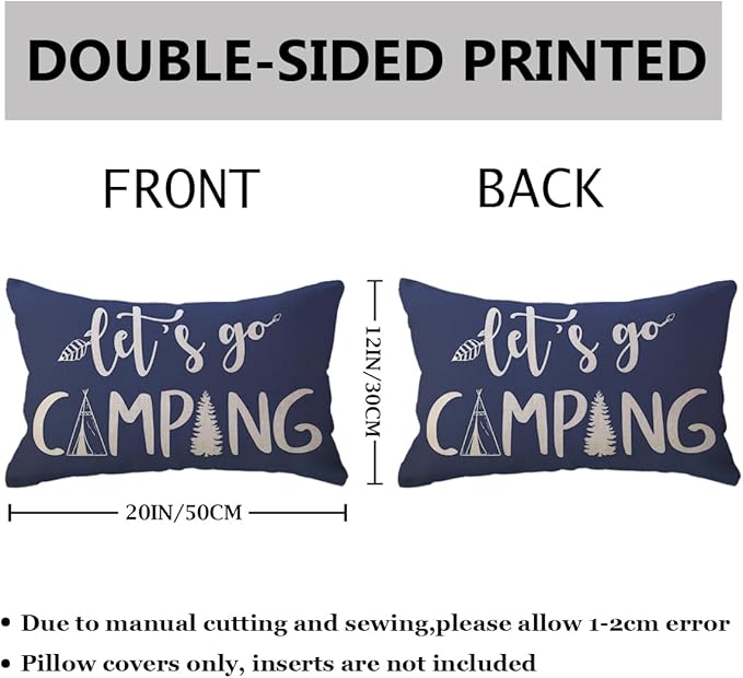 Adventure Camper Decorative Lumbar Pillowcase Double-Sided Let’s Go Camping/Adventure Awaits Throw Pillow Covers Cabin/Camper Cushion Covers 12x20,2Pack for Sofa/Couch/Porch (Blue)
