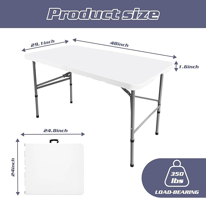 Camp Field Set 4 Foot Folding Table with Table Cloth, Spandex Stretch Table Covers, Fold-in-Half, Portable Heavy Duty Plastic Folding Table with Handle, Indoor Outdoor Use(White Set, 4FT)