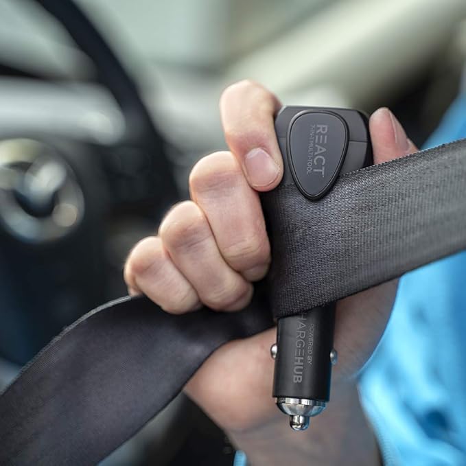 React 7-in-1 Vehicle Emergency Multi-Tool by ChargeHub with 2200mAh Power Bank, USB Car Charger, Window Breaker, Concealed Seat Belt-Cutter, Flashlight, Red Flashing Light, & Audible S.O.S Alarm.