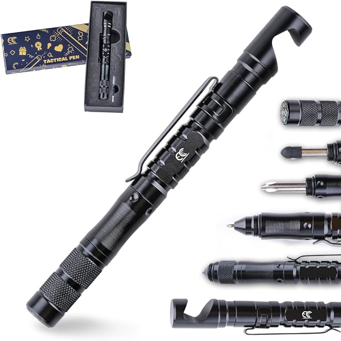 Tactical Pen 8 in 1 Multitool with Phone Holder, Stylus Pen Gifts for Men EDC Pen for Self Defense, Daily Use, Outdoors, Survival Gear