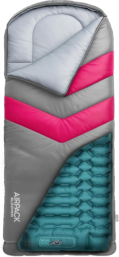 Kids Sleeping Bag with Built-in Pad (Fits Up to 4'6") All-in-One Inflatable Mattress Pad with Built-in Foot Pump - for Sleepovers, Camping and Travel (Gray/Pink)
