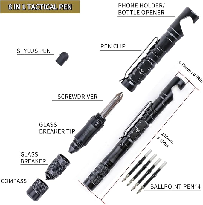 Tactical Pen 8 in 1 Multitool with Phone Holder, Stylus Pen Gifts for Men EDC Pen for Self Defense, Daily Use, Outdoors, Survival Gear