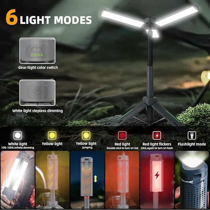 Rechargeable 8000mAh Camping and Work Light with Adjustable Stand 3.4 ft, 3000 Lumen Cordless Work Light Featuring 3 Adjustable Heads, Dimmable Emergency Flashlight with Telescopic Tripod