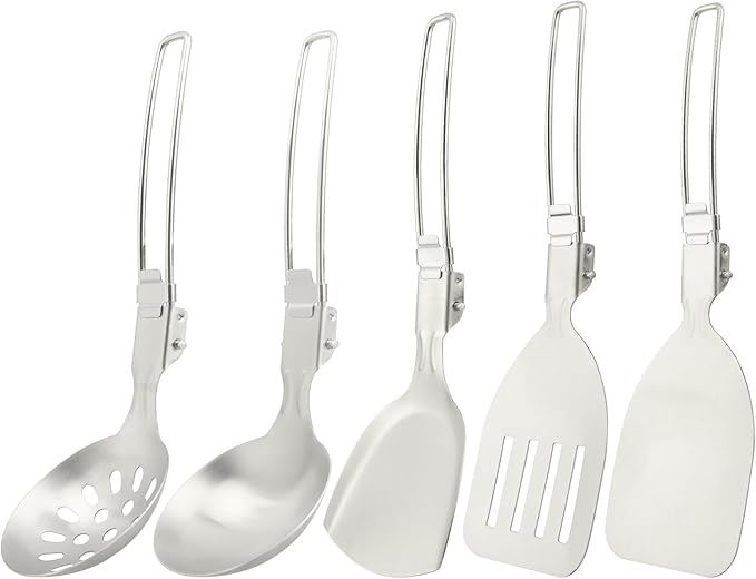 Camping Kitchen Utensil Set, 5Pcs Portable Foldable Stainless Steel Outdoor Cooking Utensil, Practical Folding Soup Ladles Strainer Spatula Kitchen Gear for Outdoor Camping